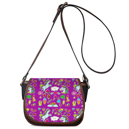 Purple Girly Unicorn Pattern Print Saddle Bag