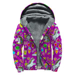 Purple Girly Unicorn Pattern Print Sherpa Lined Zip Up Hoodie