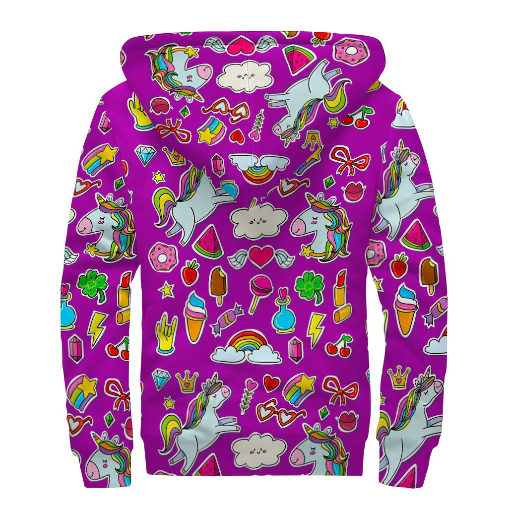 Purple Girly Unicorn Pattern Print Sherpa Lined Zip Up Hoodie