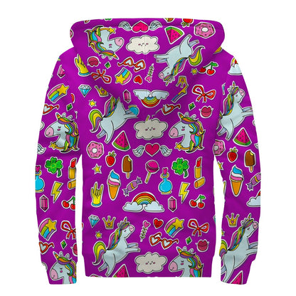 Purple Girly Unicorn Pattern Print Sherpa Lined Zip Up Hoodie