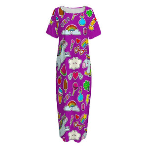 Purple Girly Unicorn Pattern Print Short Sleeve Long Nightdress