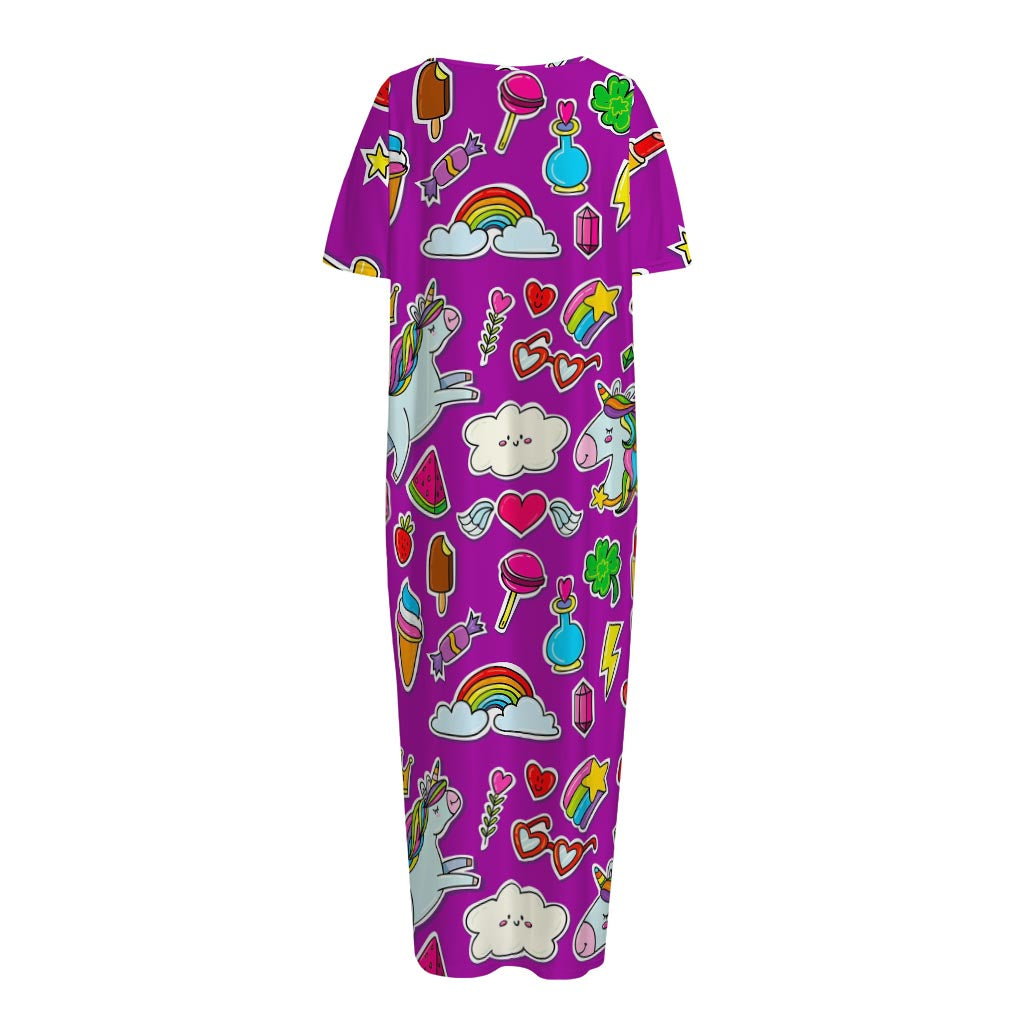 Purple Girly Unicorn Pattern Print Short Sleeve Long Nightdress