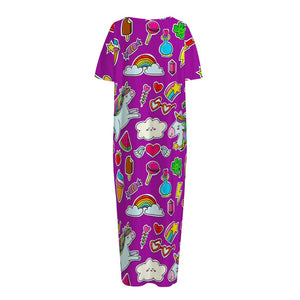 Purple Girly Unicorn Pattern Print Short Sleeve Long Nightdress