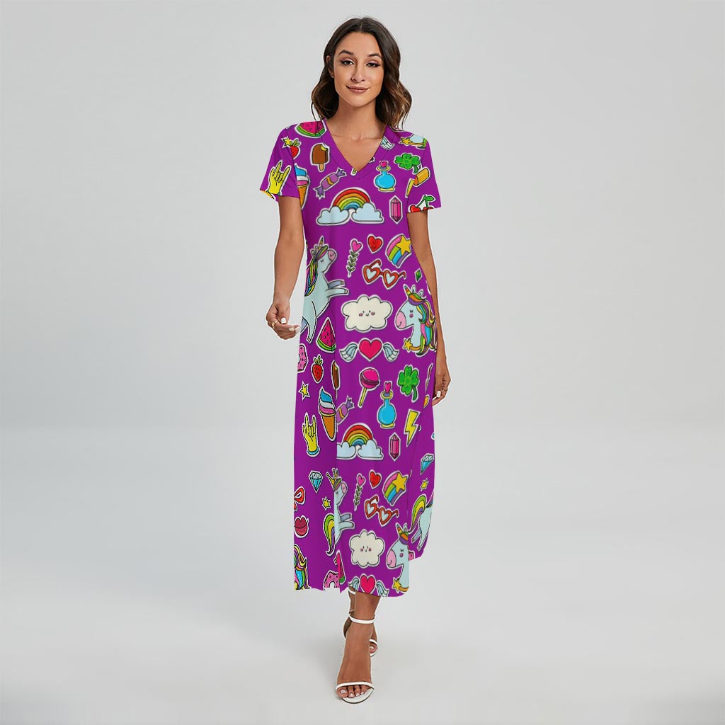 Purple Girly Unicorn Pattern Print Short Sleeve Maxi Dress