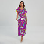 Purple Girly Unicorn Pattern Print Short Sleeve Maxi Dress