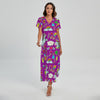 Purple Girly Unicorn Pattern Print Short Sleeve Maxi Dress