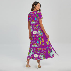 Purple Girly Unicorn Pattern Print Short Sleeve Maxi Dress