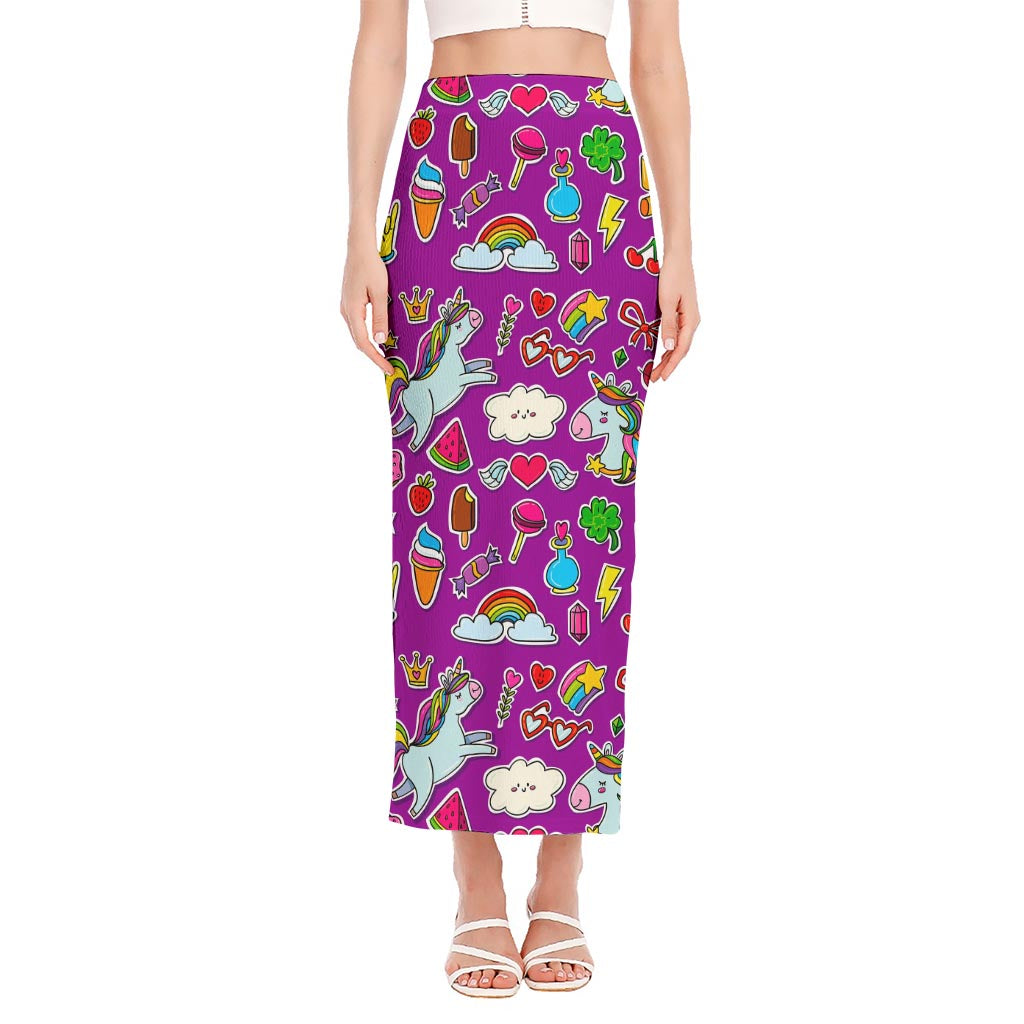 Purple Girly Unicorn Pattern Print Side Slit Maxi Skirt