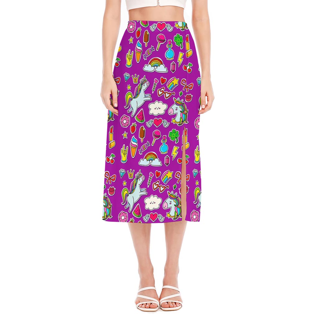 Purple Girly Unicorn Pattern Print Side Slit Midi Skirt