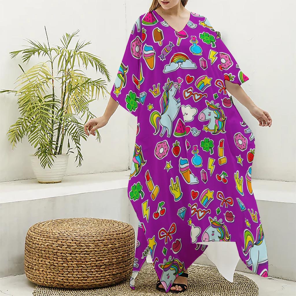 Purple Girly Unicorn Pattern Print Silk V-Neck Kaftan Dress