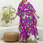 Purple Girly Unicorn Pattern Print Silk V-Neck Kaftan Dress