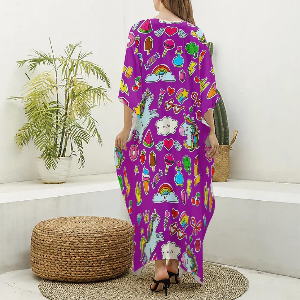 Purple Girly Unicorn Pattern Print Silk V-Neck Kaftan Dress