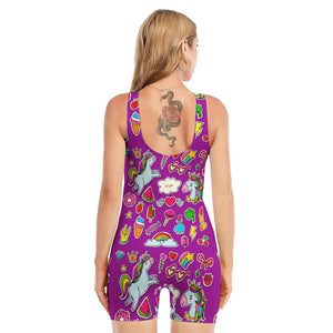 Purple Girly Unicorn Pattern Print Sleeveless One Piece Swimsuit