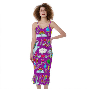 Purple Girly Unicorn Pattern Print Slim Fit Midi Cami Dress