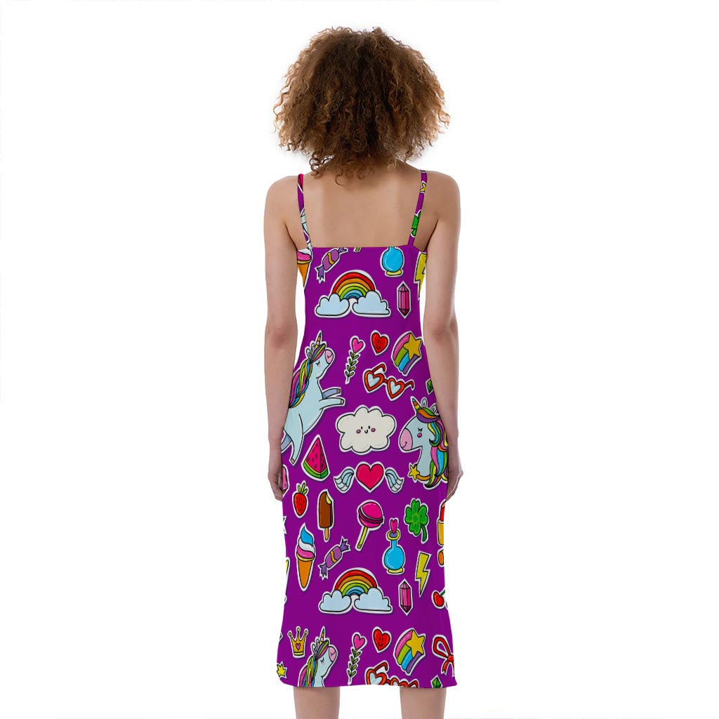 Purple Girly Unicorn Pattern Print Slim Fit Midi Cami Dress