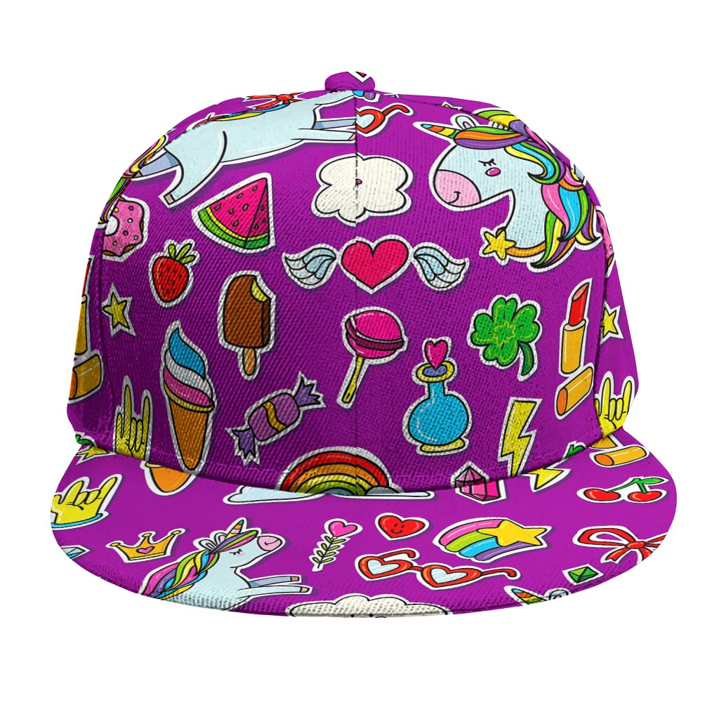 Purple Girly Unicorn Pattern Print Snapback Cap