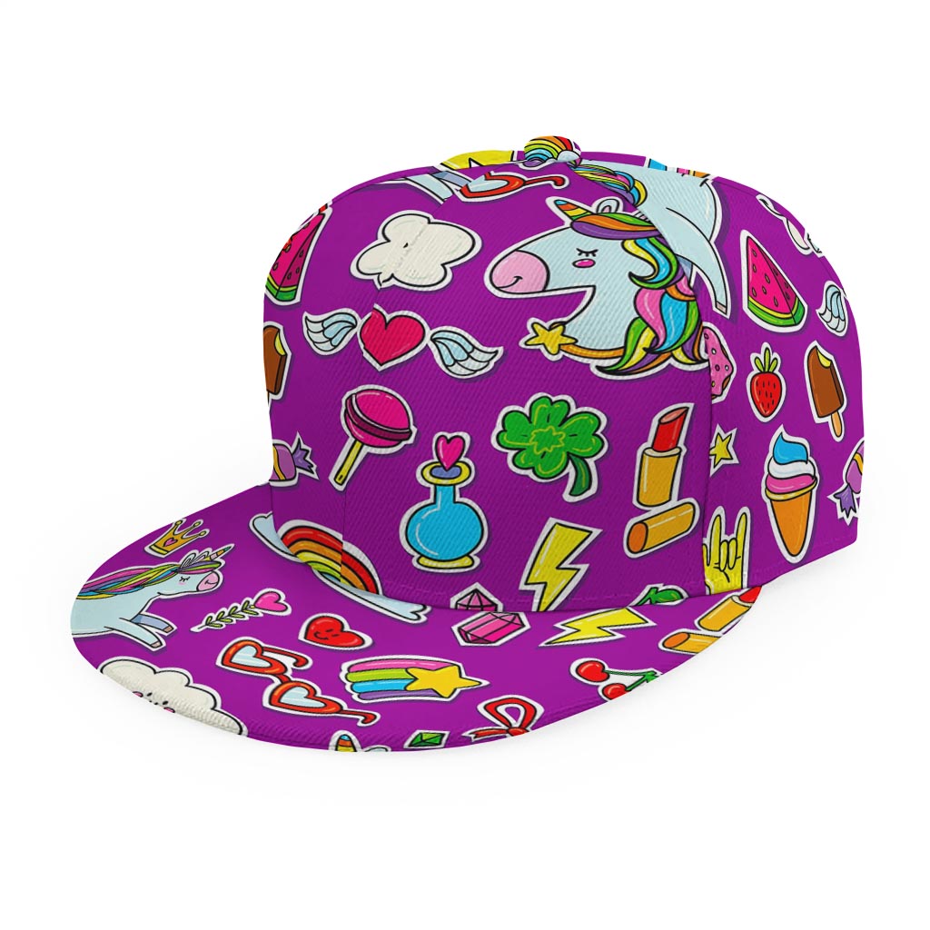 Purple Girly Unicorn Pattern Print Snapback Cap