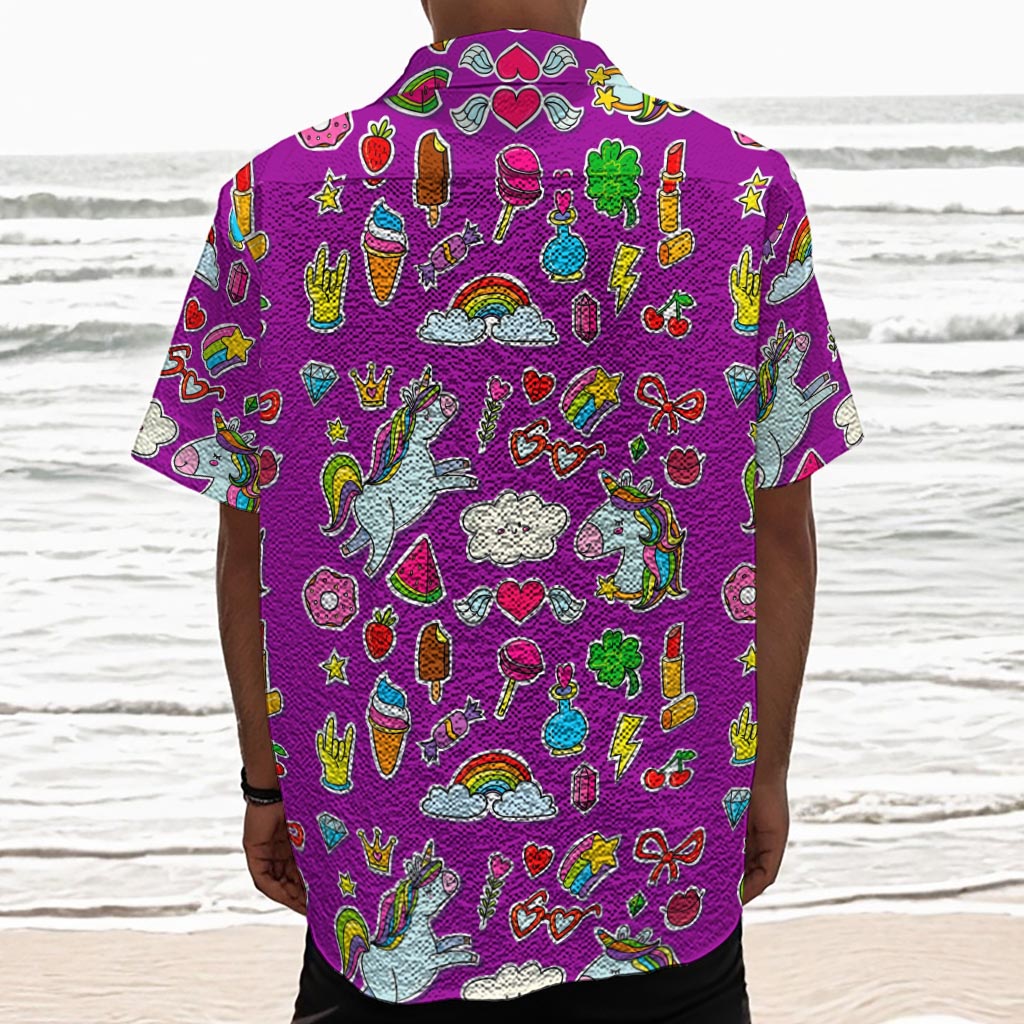 Purple Girly Unicorn Pattern Print Textured Short Sleeve Shirt