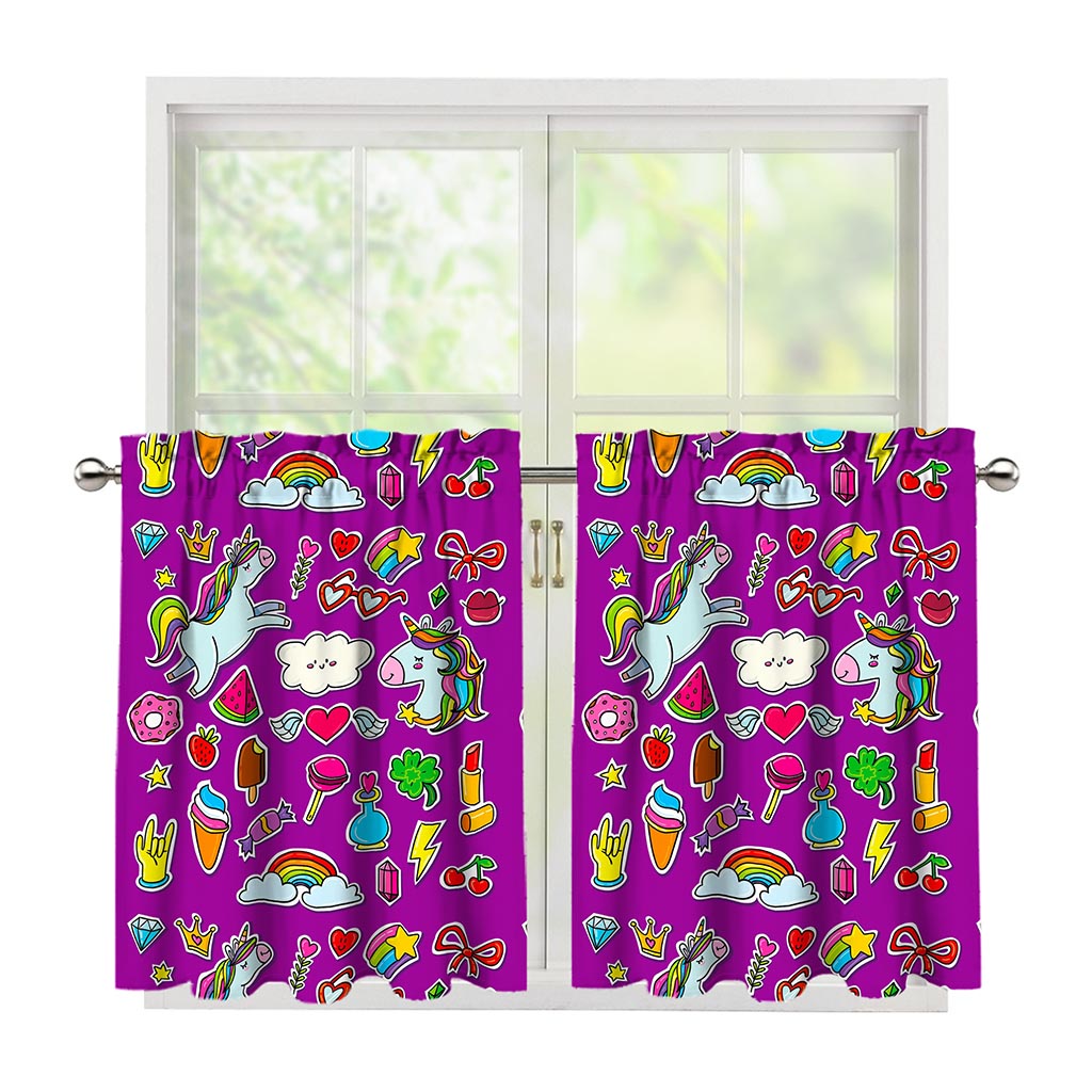 Purple Girly Unicorn Pattern Print Tier Curtains