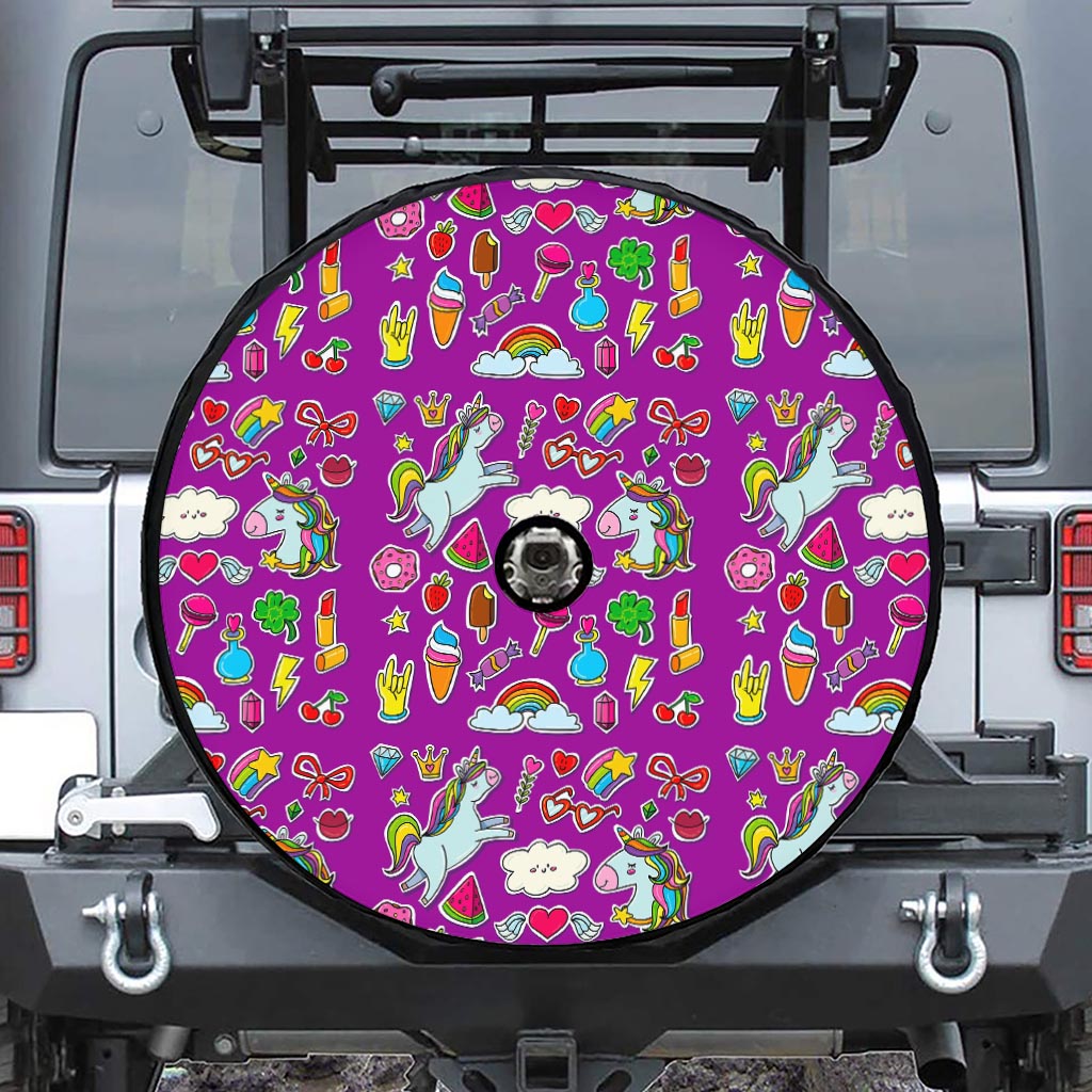 Purple Girly Unicorn Pattern Print Tire Cover With Camera Hole