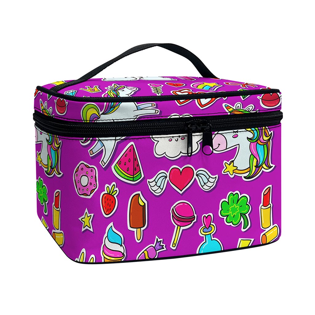 Purple Girly Unicorn Pattern Print Travel Makeup Bag