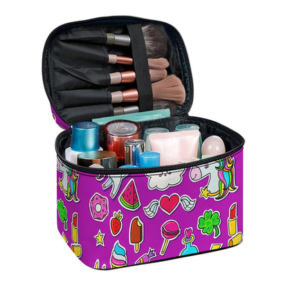Purple Girly Unicorn Pattern Print Travel Makeup Bag