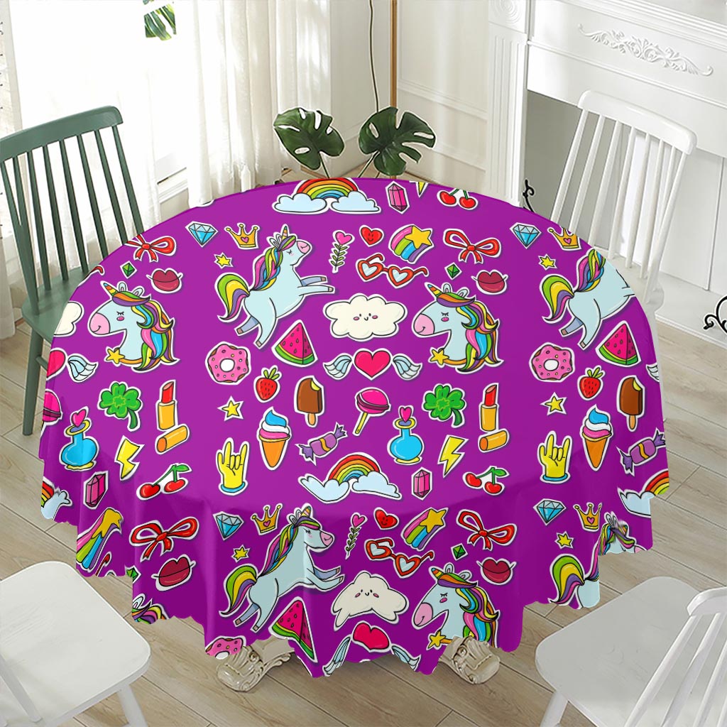 Purple Girly Unicorn Pattern Print Waterproof Round Tablecloth