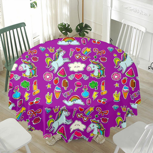 Purple Girly Unicorn Pattern Print Waterproof Round Tablecloth