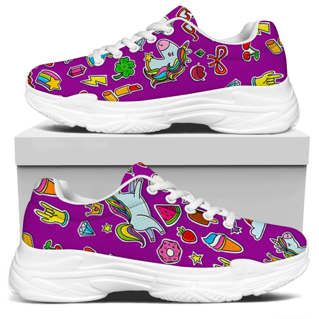 Purple Girly Unicorn Pattern Print White Chunky Shoes