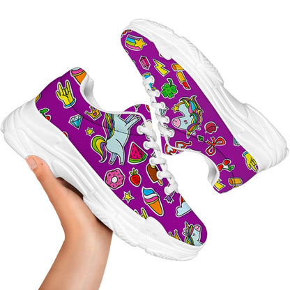 Purple Girly Unicorn Pattern Print White Chunky Shoes