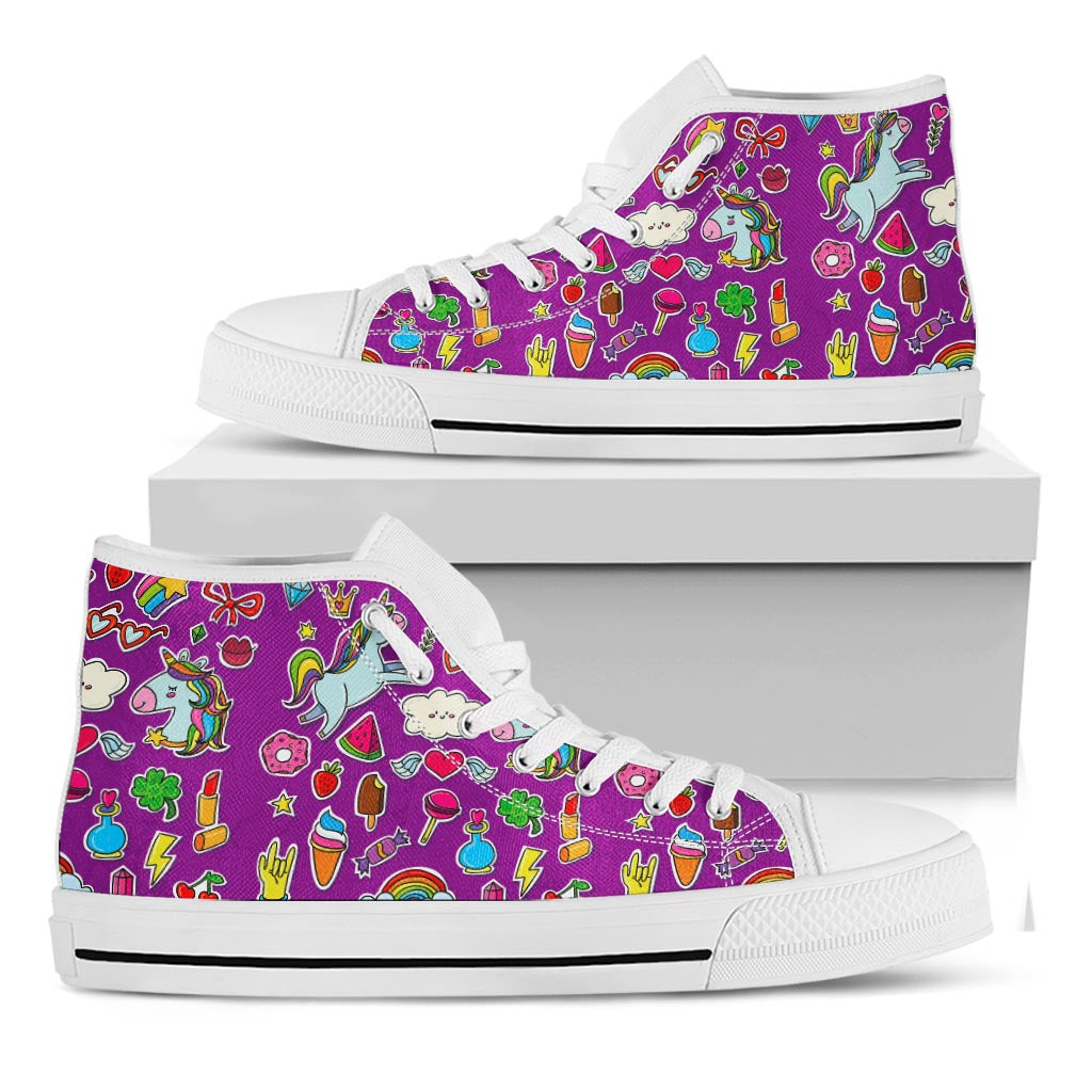Purple Girly Unicorn Pattern Print White High Top Sneakers
