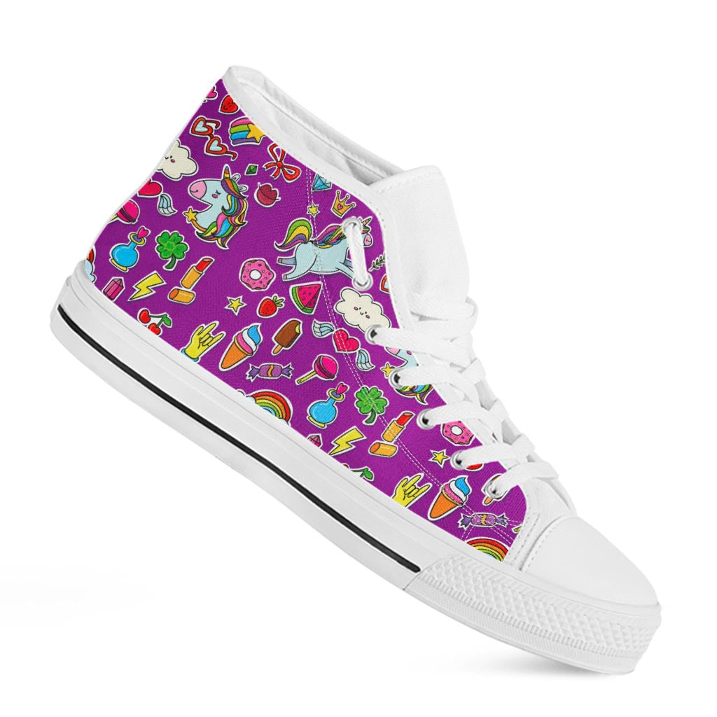 Purple Girly Unicorn Pattern Print White High Top Sneakers