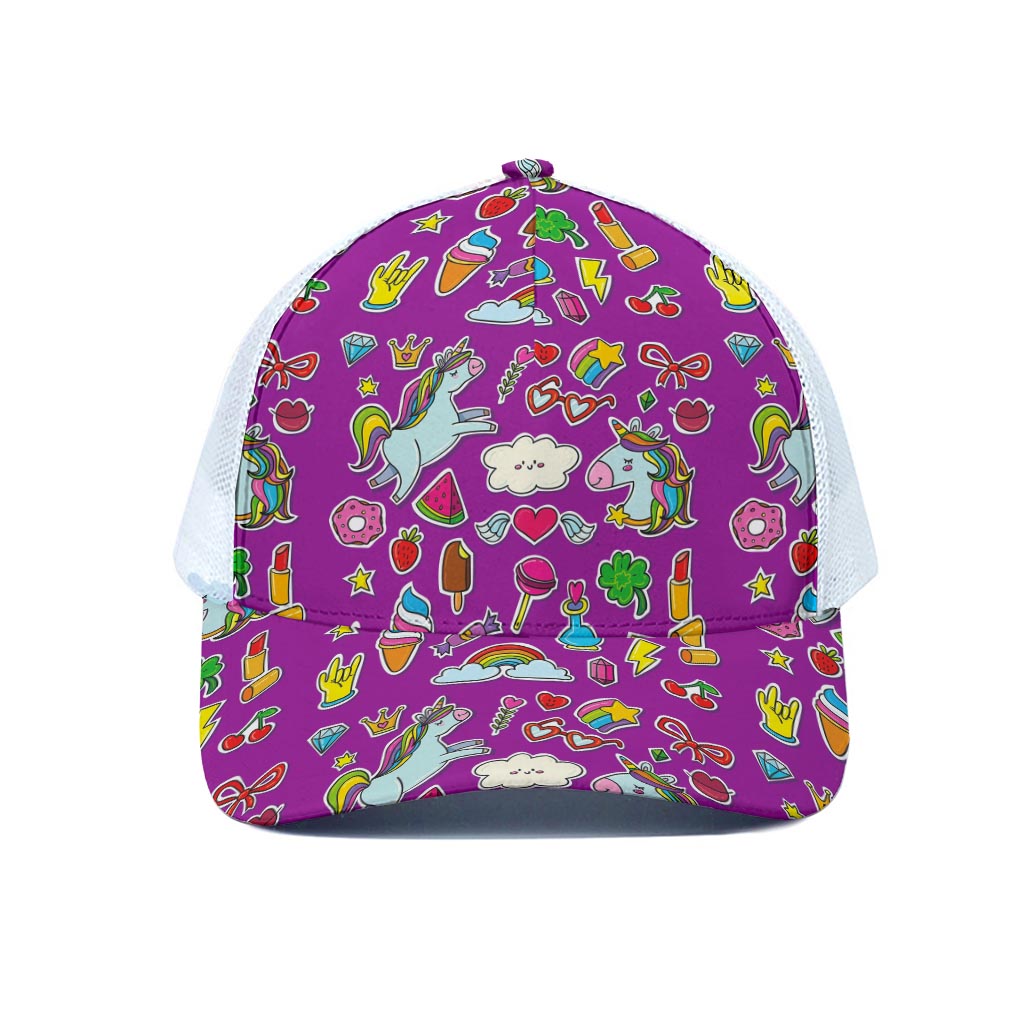 Purple Girly Unicorn Pattern Print White Mesh Trucker Cap