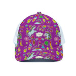 Purple Girly Unicorn Pattern Print White Mesh Trucker Cap