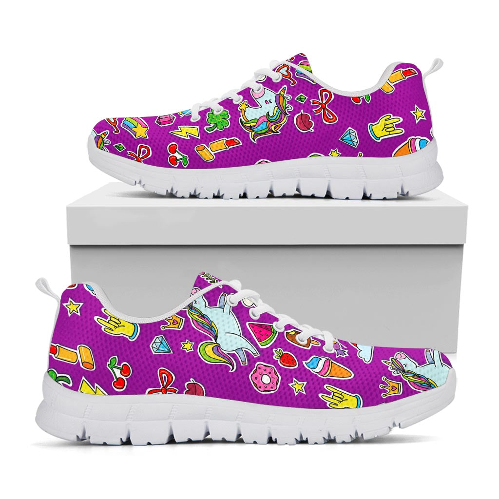 Purple Girly Unicorn Pattern Print White Running Shoes