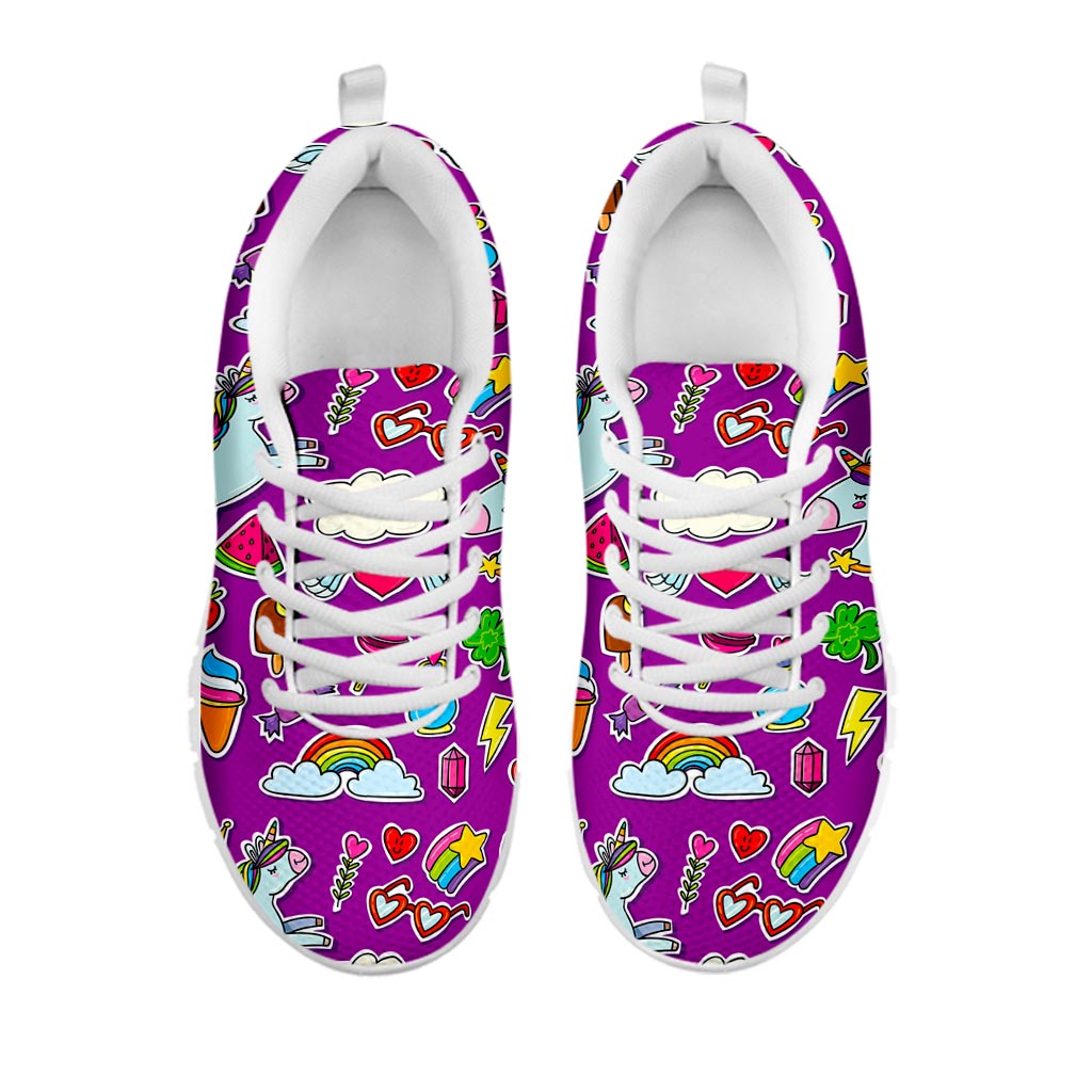 Purple Girly Unicorn Pattern Print White Running Shoes
