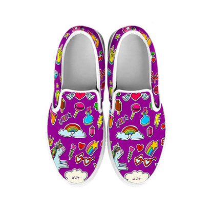 Purple Girly Unicorn Pattern Print White Slip On Sneakers