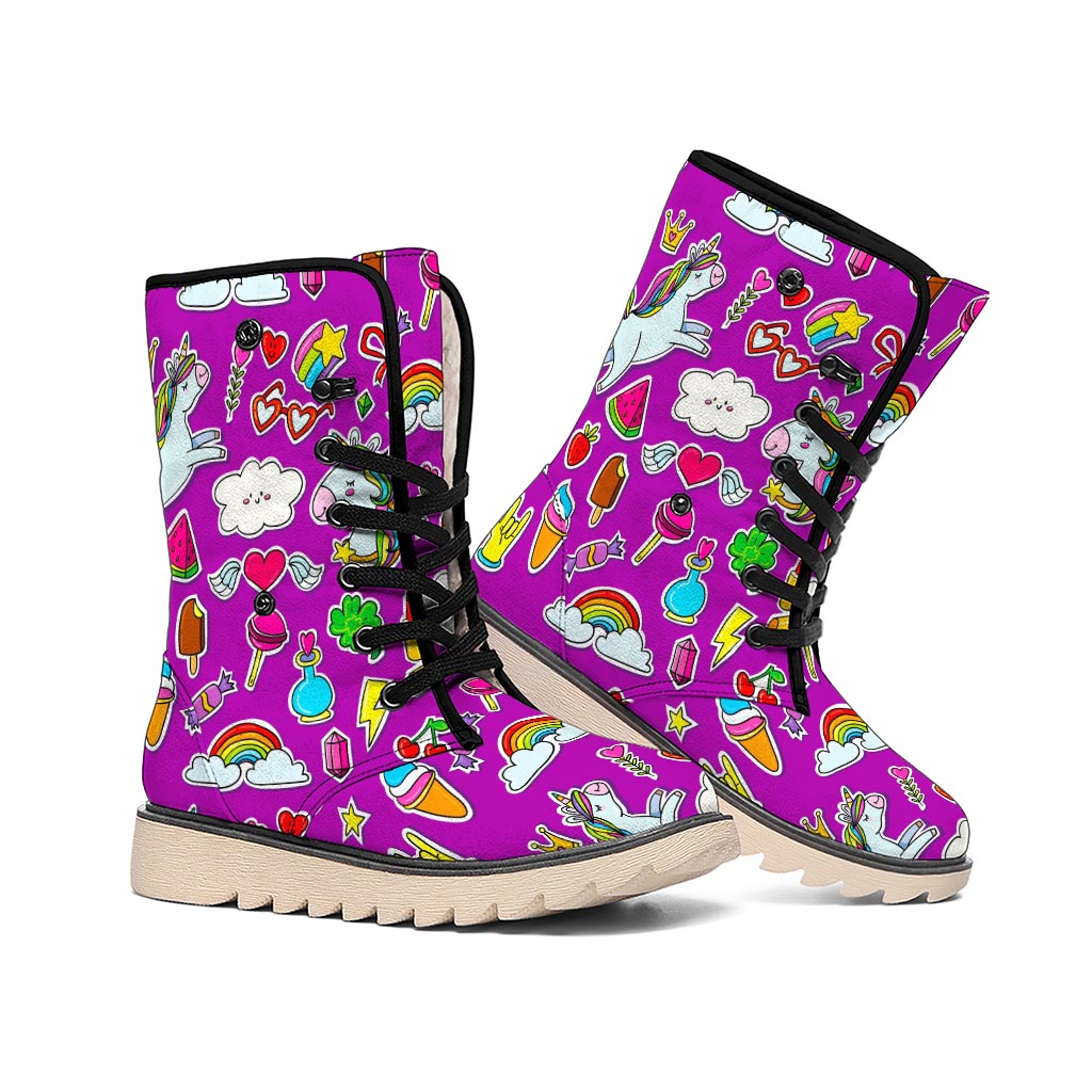 Purple Girly Unicorn Pattern Print Winter Boots