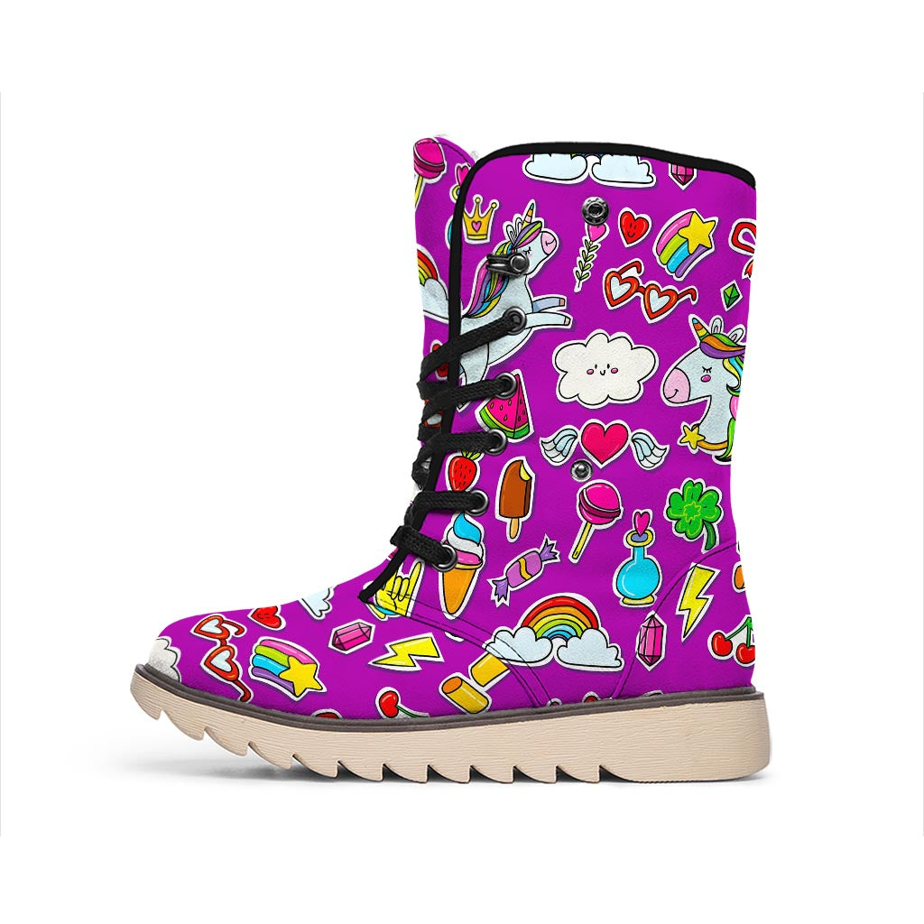 Purple Girly Unicorn Pattern Print Winter Boots