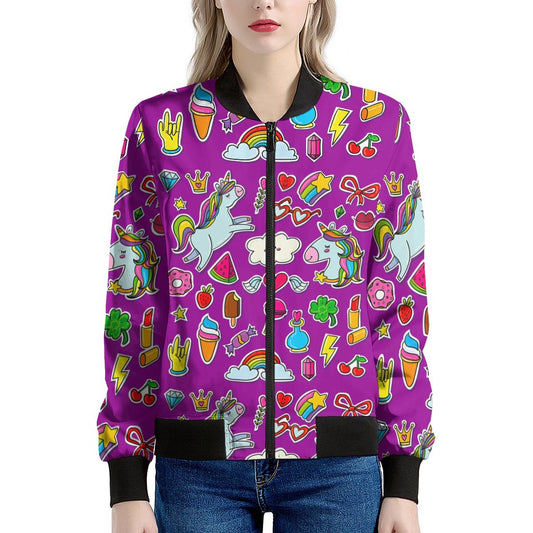 Purple Girly Unicorn Pattern Print Women's Bomber Jacket