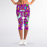 Purple Girly Unicorn Pattern Print Women's Capri Leggings