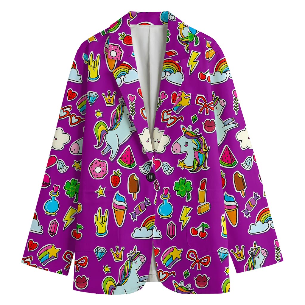 Purple Girly Unicorn Pattern Print Women's Cotton Blazer