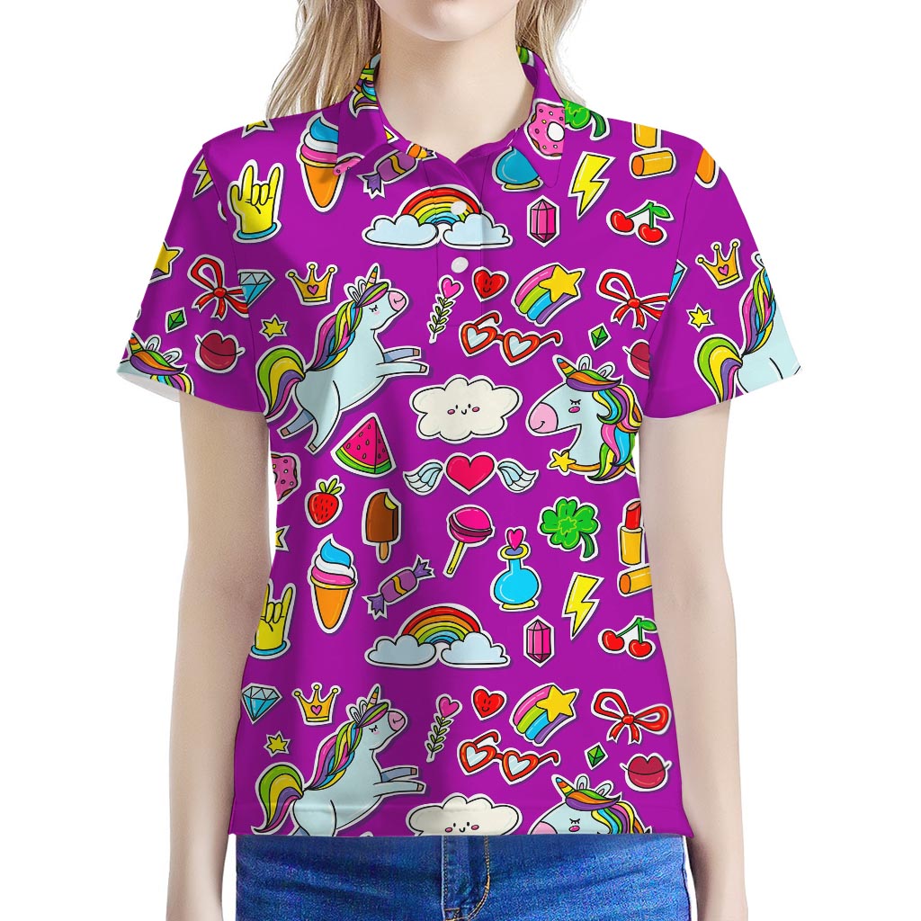 Purple Girly Unicorn Pattern Print Women's Polo Shirt