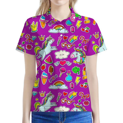 Purple Girly Unicorn Pattern Print Women's Polo Shirt
