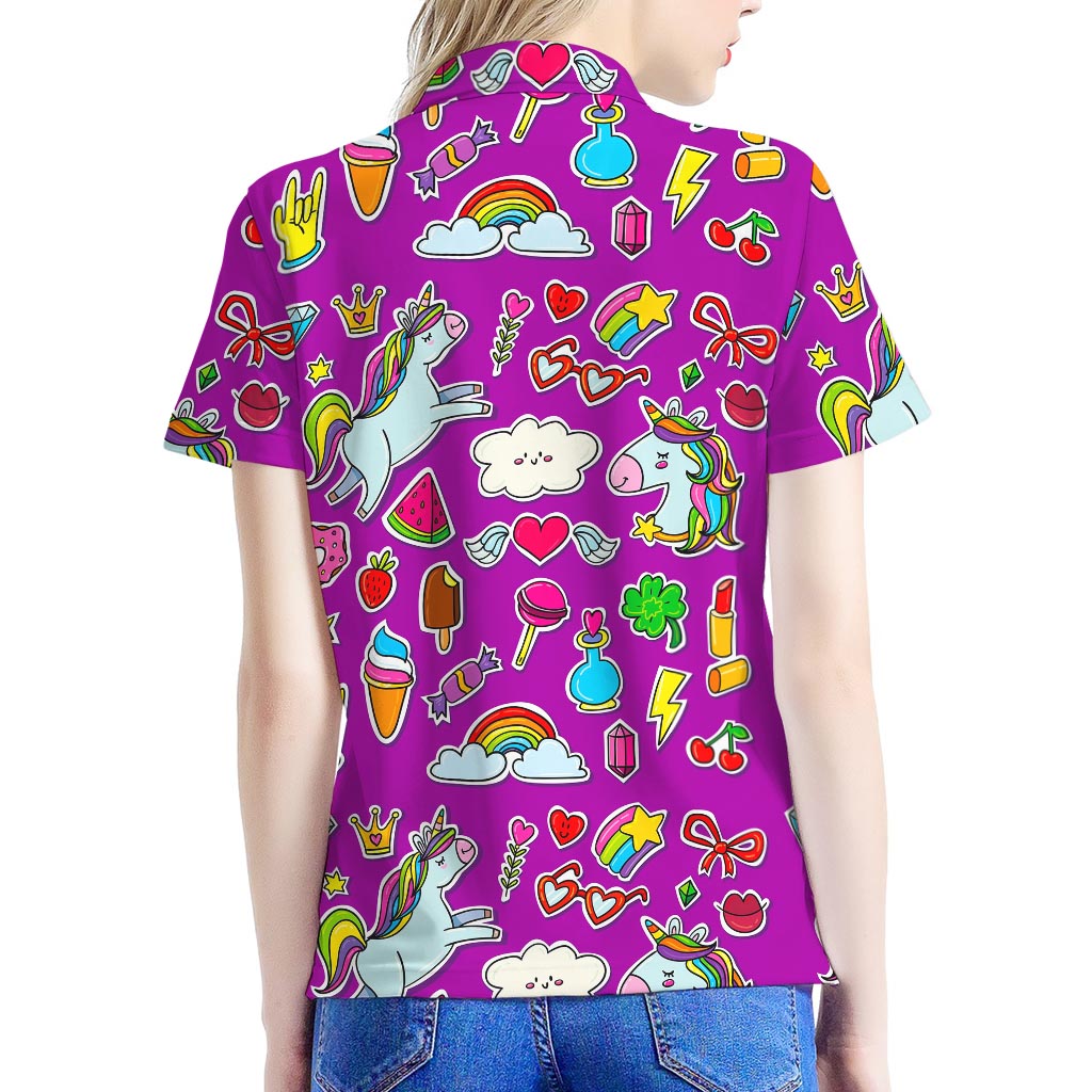 Purple Girly Unicorn Pattern Print Women's Polo Shirt