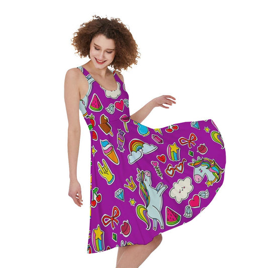 Purple Girly Unicorn Pattern Print Women's Sleeveless Dress