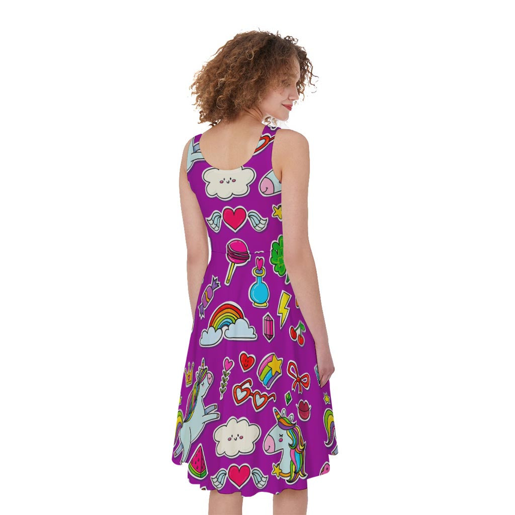 Purple Girly Unicorn Pattern Print Women's Sleeveless Dress