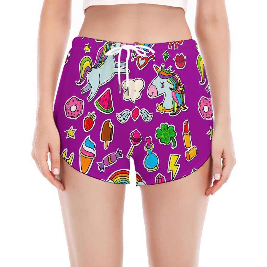 Purple Girly Unicorn Pattern Print Women's Split Running Shorts