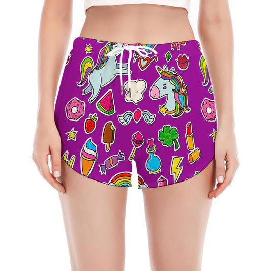 Purple Girly Unicorn Pattern Print Women's Split Running Shorts
