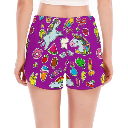 Purple Girly Unicorn Pattern Print Women's Split Running Shorts